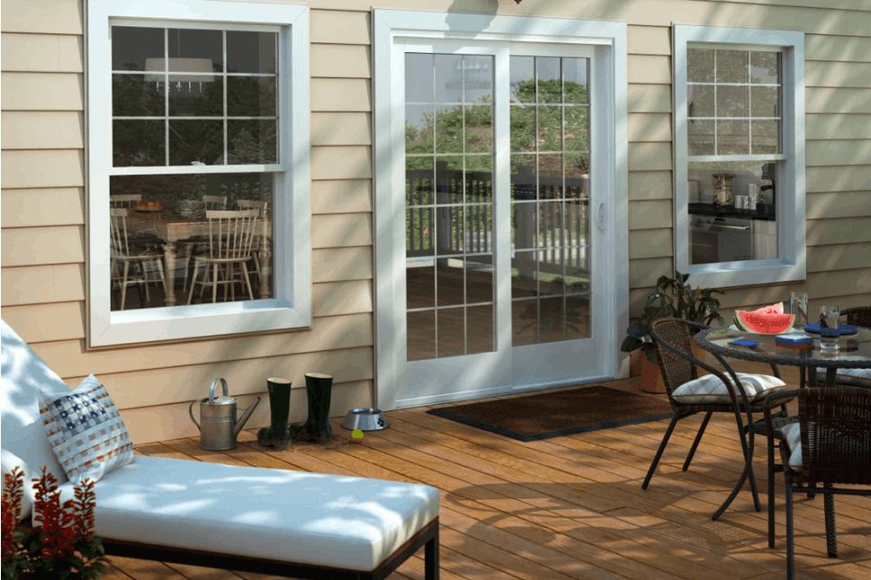 Vinyl siding on the exterior of a home’s porch.